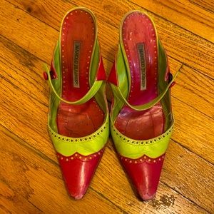 Manolo Blahnik Agatha Pink & Green Mules